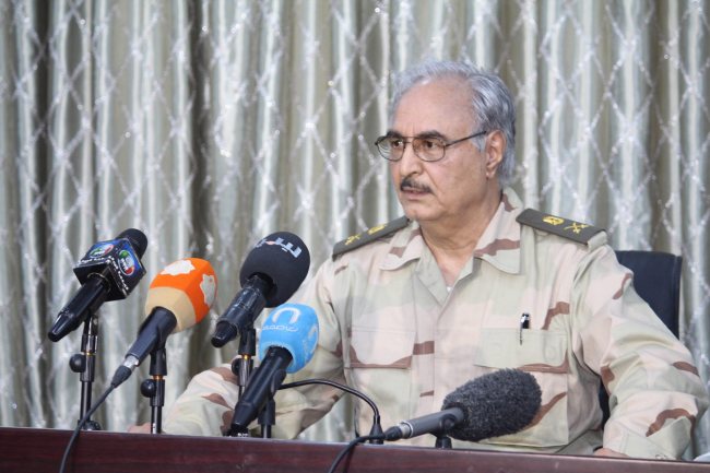 Gen. Khalifa Hifter speaks during a press conference in Abyar, a small town east of Benghazi, Libya, on May 17.   EPA-Yonhap