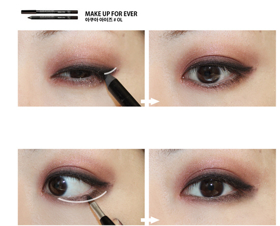 After this step, use a black eye pencil and apply to cover half the eyelid. Slant the end of the eyeliner slightly upwards.
For under the eyes, tap an eyeliner brush slightly on the black pencil liner and apply it on your underline.
Again, use the black pencil liner on the part under the eyelashes. Then use a cotton swab and smudge it smoothly but be careful not to erase the entire black color.