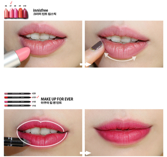 Use a strawberry milk-colored lipstick and fill your lips. Smudge the lip line smoothly to remove smears.
Choose a burgundy lipstick to fill out the bottom lip. The upper lip should be filled 3/4.