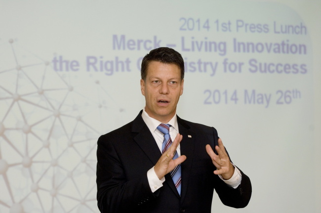 Michael Grund, managing director of Merck Korea, speaks at a press meeting in Seoul, Monday.   Merck Korea