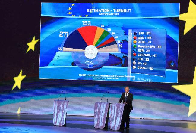 A graphic shows the estimated results of the European elections, at the European Parliament in Brussels on Sunday.   AP-Yonhap