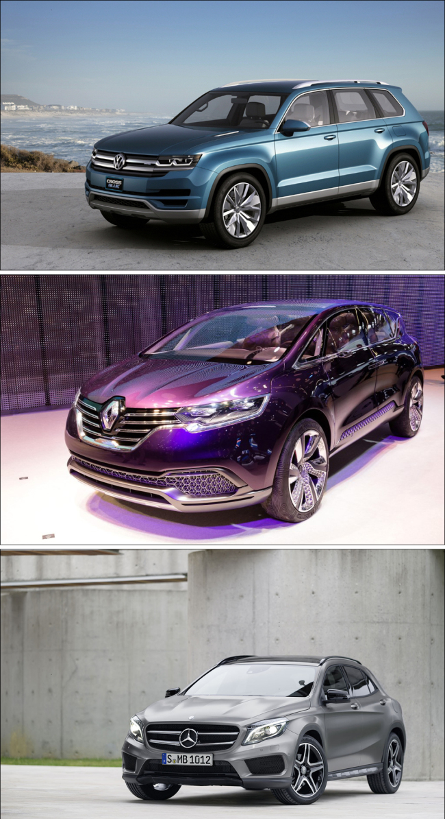 (사진 위부터) 폴크스바겐 SUV 콘셉트카‘ 크로스블루’, 르노삼성 SUV 콘셉트카‘ 이니셜파리’, 메르세데스벤츠 SUV‘ 더 뉴 CLA클래스’