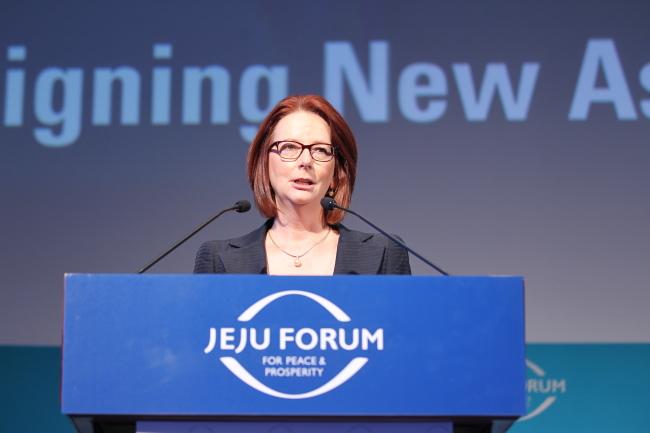 Former Australian Prime Minister Julia Gillard delivers a speech during the opening ceremony of the ninth Jeju Forum for Peace and Prosperity on Jejudo Island, Thursday.   Jeju Forum