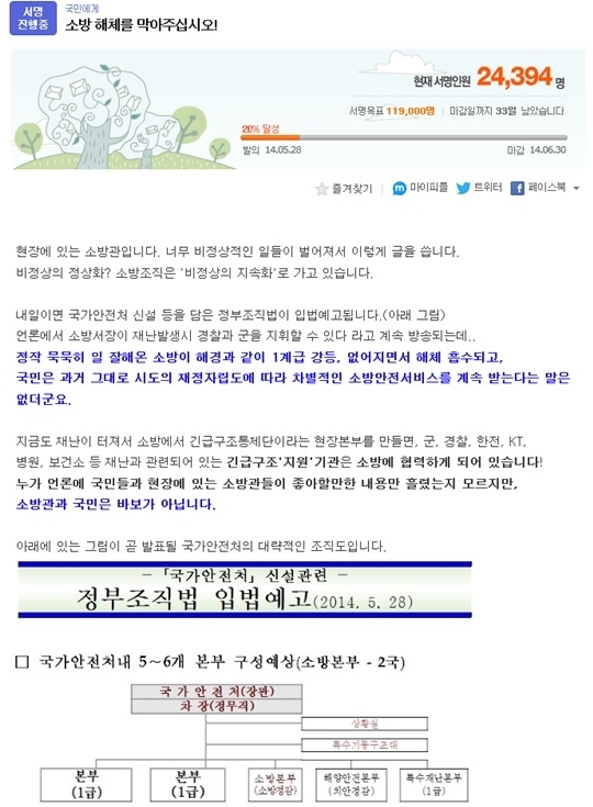 ▲소방방재청 해체/반대 서명 봇물(사진=인터넷 게시판)