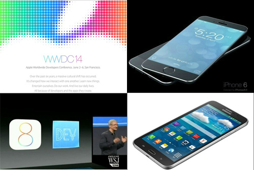 ▲애플, WWDC 첫 날 ios8 공개, 갤럭시W, 아이폰6(사진=wwdc 홈페이지/인터넷게시판/삼성전자/WSJ Live 화면 캡처)