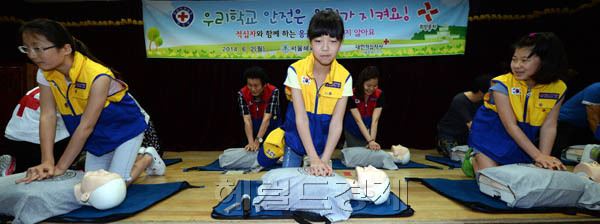 2일 오전 서울 종로구 혜화초등학교에서 대한적십자사 주최로 교직원과 RCY 단원을 대상으로 심폐소생술 교육이 실시 되고 있다. 최근 세월호 `침몰, 지하철 전동차 추돌, 전남 장성 요양병원 화재 등 예고 없는 사고 등으로 생활안전에 대한 관심이 급격히 늘고 있으며, 일선 학교에서는 특별활동으로 보급하던 안전교육을 교직원까지 확대하고 있는 추세이다