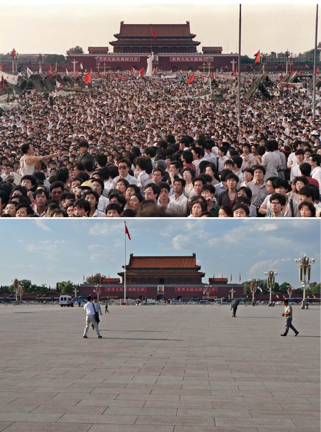 Top: A file picture taken on June 2, 1989, shows Chinese people gathering around a replica of the Statue of Liberty (back center) on Tiananmen Square demanding democracy despite martial law being in effect in Beijing and (bottom) visitors walking past the same spot 25 years after on May 29.   AFP-Yonhap