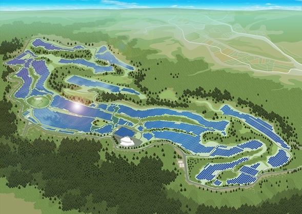 A rendering of the 26.2 megawatt solar power plant to be built on the site of a golf course abandoned in Fukushima after the 2011 earthquake by 2015. Hanwha Q Cells supplied solar modules to Japan’s biggest solar power plant.   Hanwha Group