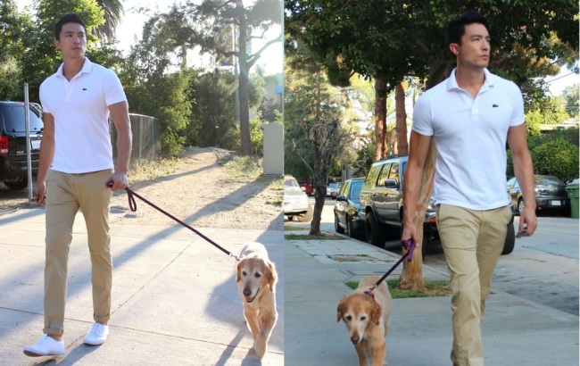 Actor-model Daniel Henney is spotted taking a walk with his dog, Mango.