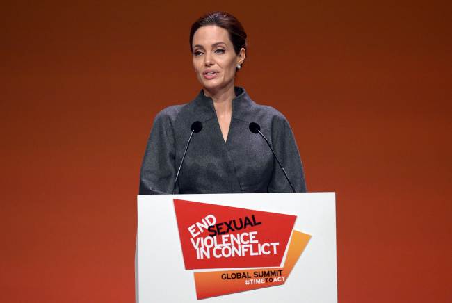 U.S. actress and special U.N. envoy Angelina Jolie speaks on the fourth day of the Global Summit to End Sexual Violence in Conflict in London on Friday.   AFP-Yonhap