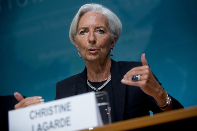 Christine Lagarde, managing director of the International Monetary Fund, speaks during a news conference at the IMF in Washington.    Bloomberg