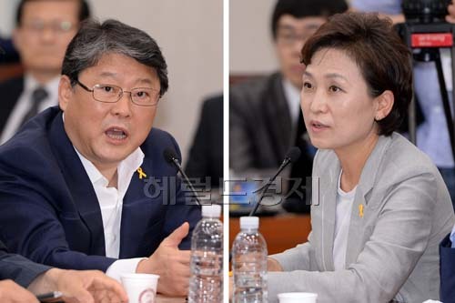 세월호 침몰사고의 진상규명을 위한 국정조사특별위원회 여야 간사인 새누리당 조원진의원과 새정치민주연합 김현미의원이 17일 오후 국회에서 열린 회의에서 안건처리에 앞서 발언을 하고 있다.