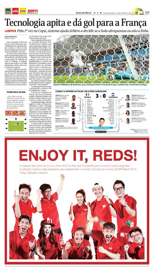 An advertisement for the Korean soccer team is posted on the sports section of the Folha de S. Paulo that was published on June 16 in local time. (Folha de S. Paulo)