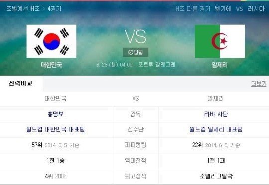 ▲한국 알제리전 일정 한국 알제리전 예상 이영표 예언 적중(사진=네이버 화면 캡처)