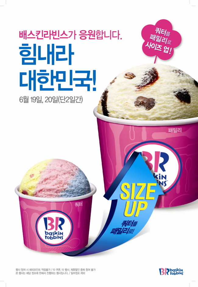 배스킨라빈스(www.baskinrobbins.co.kr)가 축구로 하나되는 6월에 태극전사들의 선전을 기원하며 쿼터사이즈를 패밀리 사이즈로 업그레이드 해주는 ‘힘내라 대한민국’ 프로모션을 진행한다.
이번 ‘힘내라 대한민국’ 프로모션은 대한민국 축구 대표팀의 활약을 기대하며 19일, 20일, 22일, 23일 총 4일간 진행되는 사이즈 업 행사이다. 4가지 맛을 골라 먹을 수 있는 쿼터 사이즈 아이스크림을 구매 하면, 5가지 맛을 선택할 수 있는 패밀리 사이즈로 업그레이드 해주는 행사로 1만3500원으로 1만9500원의 패밀리 사이즈를 맛 볼 수 있다.