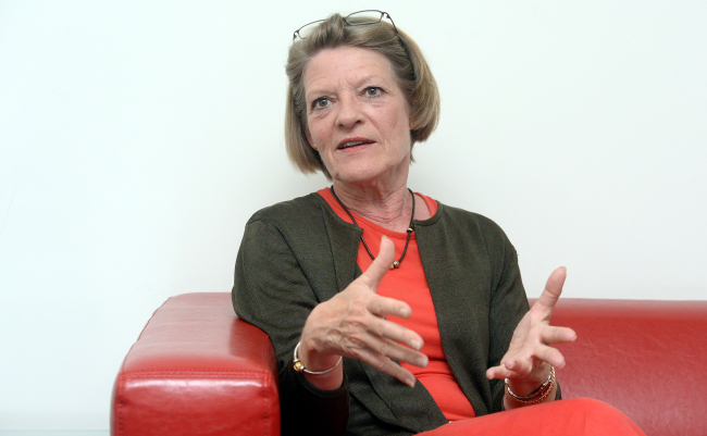 Anne Marie Sloth Carlsen, director of the U.N. Development Program’s Seoul Policy Center, speaks during a recent interview with The Korea Herald at her office in Seoul.   Ahn Hoon/The Korea Herald