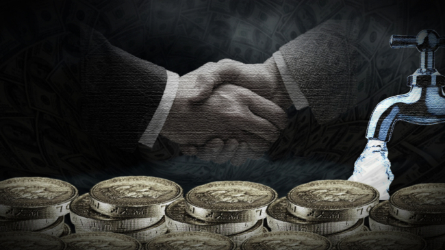 An illustration depicting the privatization of waterworks in the documentary “Black Deal.”   Indieplug