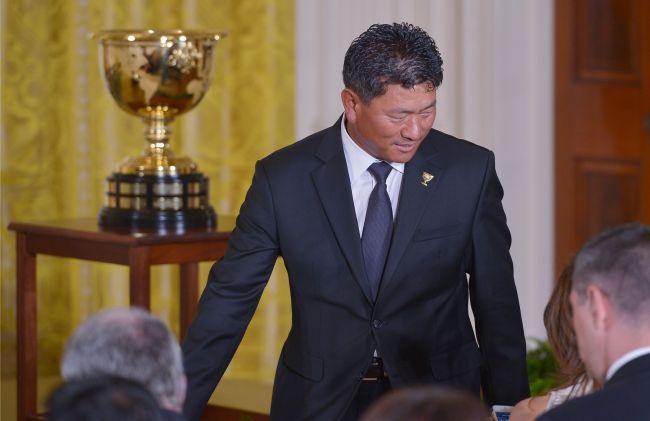 Korea’s Choi Kyung-ju takes part in an event honoring the Presidents Cup golf teams in Washington, D.C., Tuesday.   AFP-Yonhap