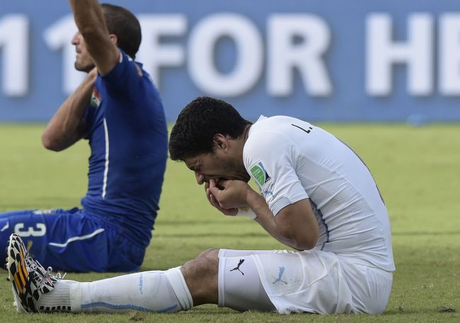 Uruguay forward Luis Suarez (front) puts his hand to his mouth after clashing with Italy defender Giorgio Chiellini.   AFP-Yonhap