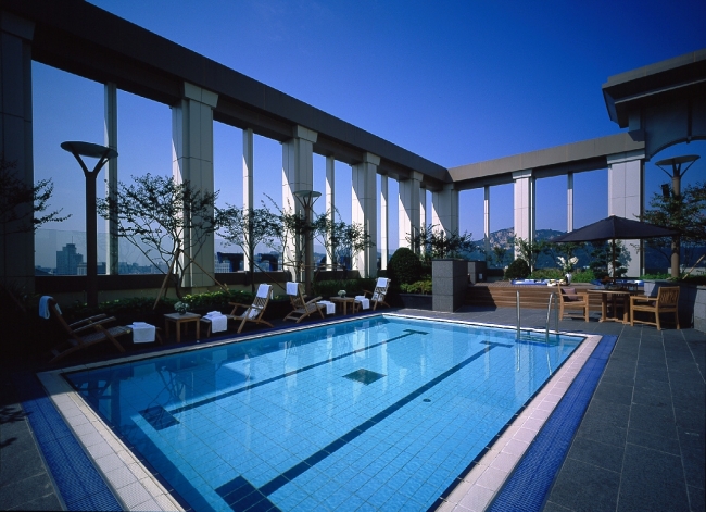 View of the rooftop swimming pool at the Somerset Palace Seoul hotel in Gwanghwamun, central Seoul