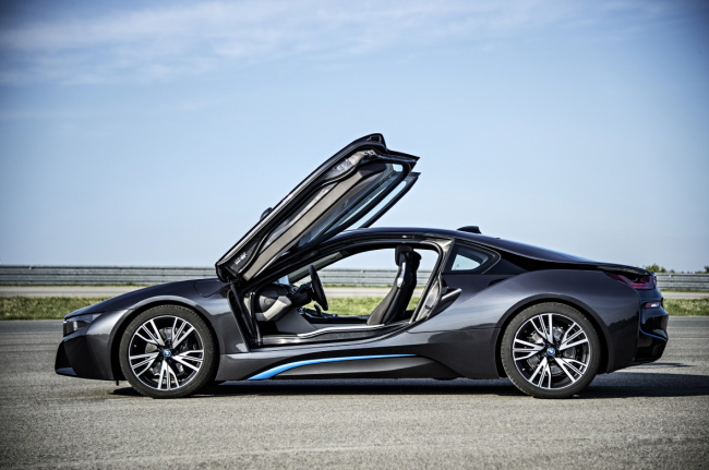 The scissor-doored BMW i8 hybrid sports car
