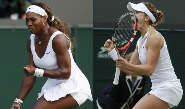 Left: Serena Williams (left) of U.S. celebrates a point during the women's singles match against Alize Cornet of France at the All England Lawn Tennis Championships in Wimbledon, London, Saturday.
Right: Alize Cornet of France celebrates defeating Serena Williams. (AP)