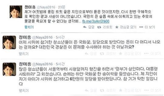 [사진=세월호 알바비 논란을 일으켰던 정미홍 트위터]