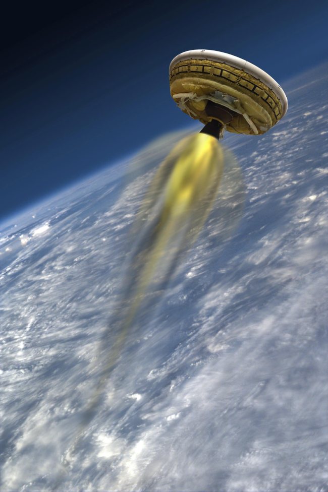 An artist’s concept shows the test vehicle for NASA’s Low-Density Supersonic Decelerator, designed to test landing technologies for future Mars missions.   EPA-Yonhap