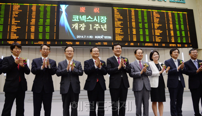 한국거래소(이사장 최경수/KRX)는 1일 오전 서울 여의도 서울사옥 홍보관에서, 지난1년간 창업초기 유망 중소,벤처기업의 직접자금조달 및 성장 지원기능을 충실히 수행하는 모범자본시장으로 안착한 "코넥스시장" 개장 1주년을 맞아 기념식을 하고 있다. 왼쪽부터 정유신 한국벤처투자 사장,김군호 코넥스협회 회장,박철규 중소기업진흥공단 이사장,최경수 한국거래소 이사장,신제윤 금융위원회 위원장,박종수 금융투자협회 회장,이은정 여성벤처협회 회장,신인섭 자본시장연구원 원장,이종갑 벤처캐피탈 회장. 박현구 기자phko@heraldcorp.com 2014.07.01
한국거래소(이사장 최경수/KRX)는 1일 오전 서울 여의도 서울사옥 홍보관에서, 지난1년간 창업초기 유망 중소,벤처기업의 직접자금조달 및 성장 지원기능을 충실히 수행하는 모범자본시장으로 안착한 "코넥스시장" 개장 1주년을 맞아 기념식을 하고 있다. 왼쪽부터 정유신 한국벤처투자 사장,김군호 코넥스협회 회장,박철규 중소기업진흥공단 이사장,최경수 한국거래소 이사장,신제윤 금융위원회 위원장,박종수 금융투자협회 회장,이은정 여성벤처협회 회장,신인섭 자본시장연구원 원장,이종갑 벤처캐피탈 회장. 박현구 기자phko@heraldcorp.com 2014.07.01