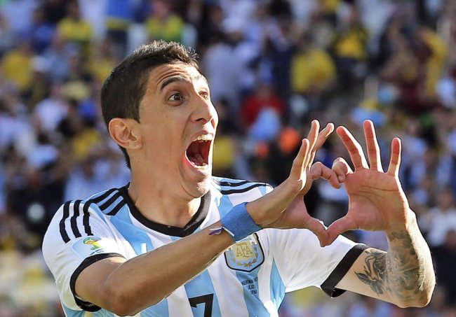 Argentina’s Angel di Maria celebrates his goal against Switzerland at the World Cup on Tuesday. EPA-Yonhap