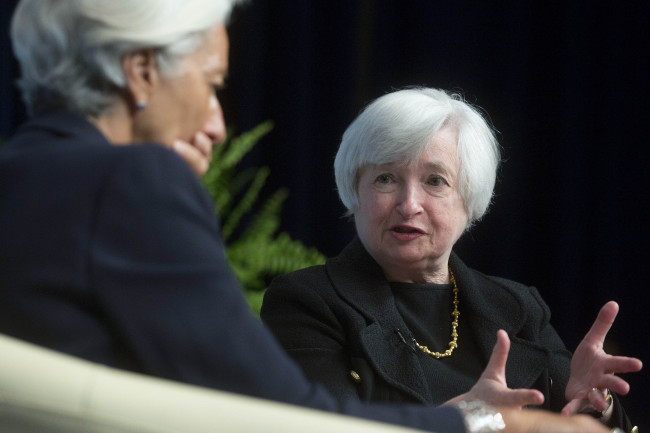 Federal Reserve Chair Janet Yellen (right) speaks during a conversation with IMF Managing Director Christine Lagarde in Washington, D.C., Wednesday.   Bloomberg