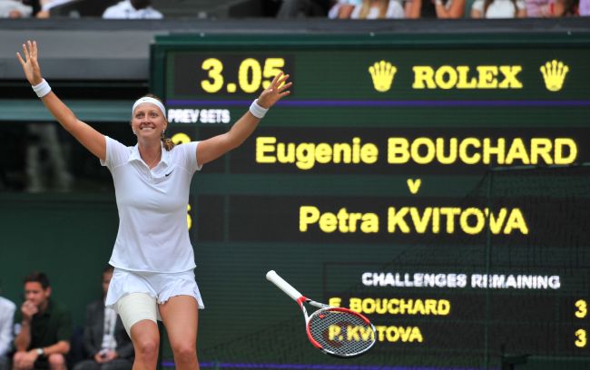 Petra Kvitova celebrates after beating Eugenie Bouchard for the Wimbledon title Saturday.   AFP-Yonhap