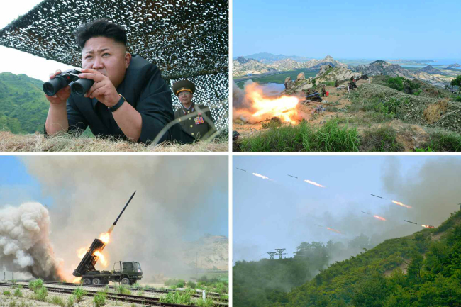 North Korean leader Kim Jong-un gives his guidance during a live-fire artillery exercise in an eastern frontline unit, the North’s official Korean Central News Agency reported Tuesday. The photo was carried by the Rodong Sinmun, the daily of the North’s ruling Workers’ Party. (Yonhap)