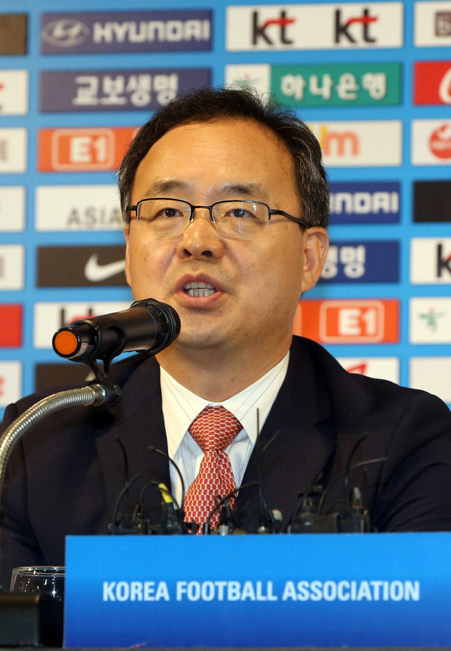 Football technical committee chief Lee Yong-soo speaks during a press conference on Monday.   Yonhap