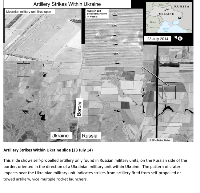 This document released by the U.S. State Department in Washington on Sunday shows a satellite image purportedly revealing self-propelled artillery only found in Russian military units, on the Russian side of the border, oriented in the direction of a Ukrainian military unit within Ukraine.   AP-Yonhap