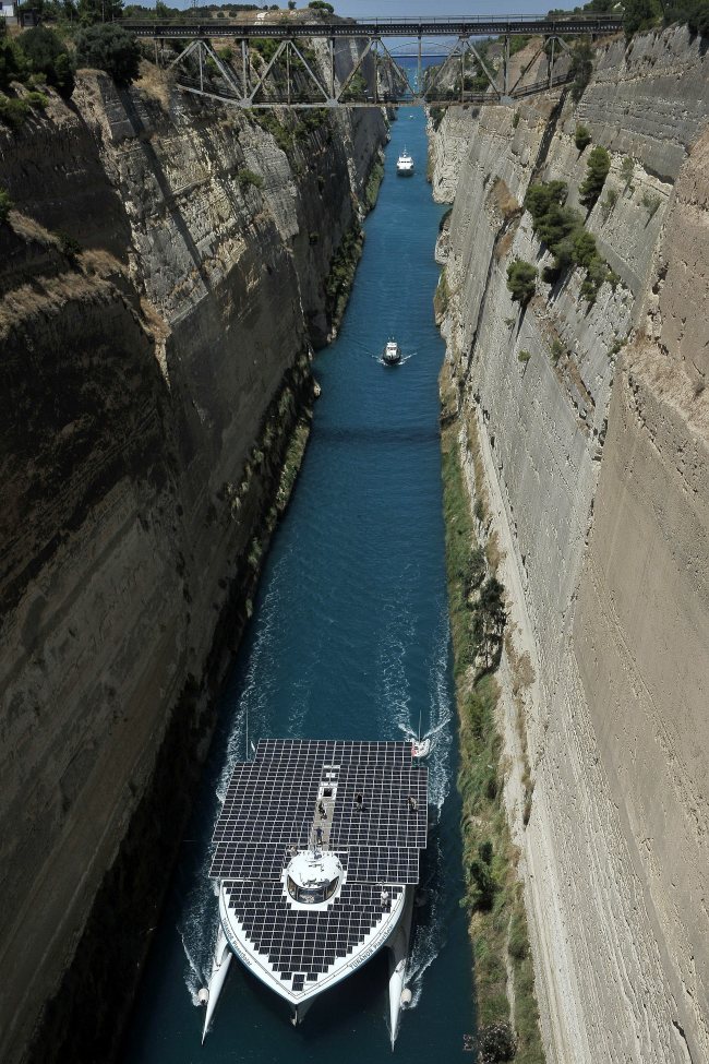 The PlanetSolar passes through the Corinth Canal, central Greece, Monday.   EPA-Yonhap