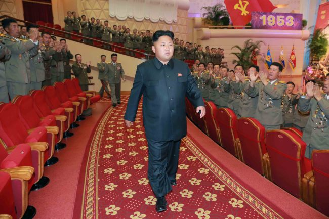 North Korean leader Kim Jong-un enters a concert hall to watch the performance of a national choir to mark what the communist state calls “Victory Day,” the day the Armistice Agreement was signed, the North’s official Korean Central News Agency reported Monday.   Yonhap