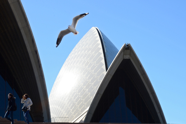 A seagull flies overhead as visitors walk past the Sydney Opera House in Sydney. (Bloomberg)