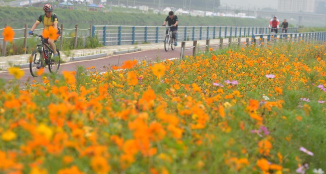 Seoul citizens exercise along the Hangang River on Thursday. Malbok, the last of the three hottest days of the summer, which marks the beginning of autumn according to traditional Korean seasonal divisions, fell on Thursday.   Kim Myung-sub/The Korea Herald