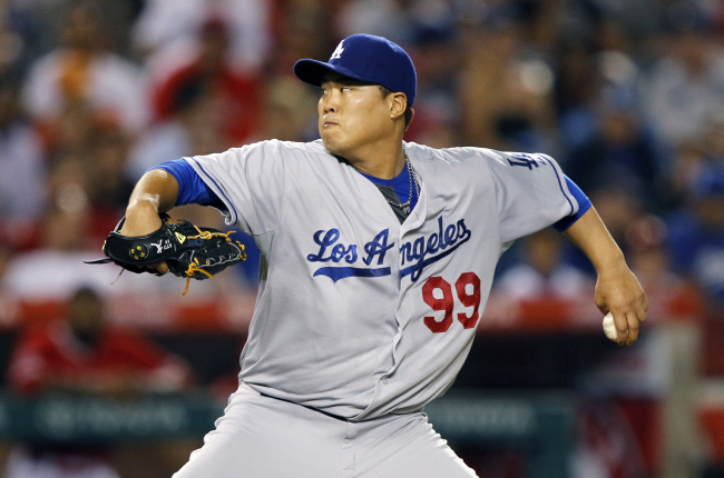 Los Angeles Dodgers starting pitcher Ryu Hyun-jin throws against the Los Angeles Angels in the fifth inning of a baseball game in Anaheim, California, Thursday.   AP-Yonhap