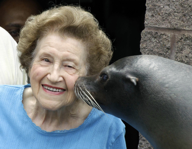 Former Pittsburgh Mayor Sophie Masloff is kissed by Maggie, a sea lion at the Pittsburgh Zoo & Aquarium, in Pittsburgh Aug. 8, 2011.   AP-Yonhap