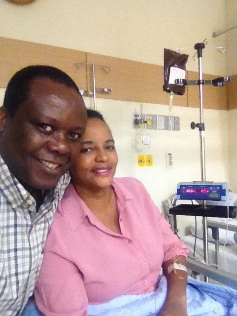 Josephine Shoo and her husband Glorious Shoo pose at Inha University Hospital, Incheon.   Glorious Shoo