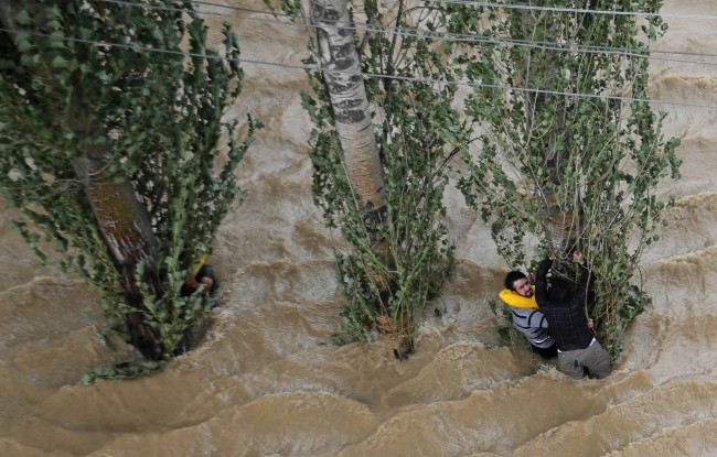 Kashmiris hang on to a tree to prevent being swept away by floodwaters in Srinagar, India, Tuesday.   AP-Yonhap