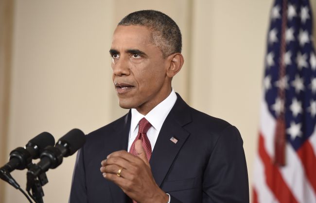 U.S. President Barack Obama delivers a primetime address from Cross Hall of the White House in Washington on Wednesday.   AFP-Yonhap