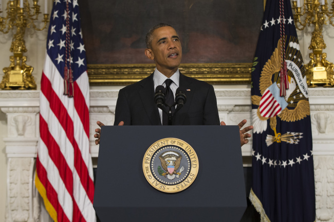 U.S. President Barack Obama speaks at the State Dining Room of the White House in Washington on Thursday.   AP-Yonhap