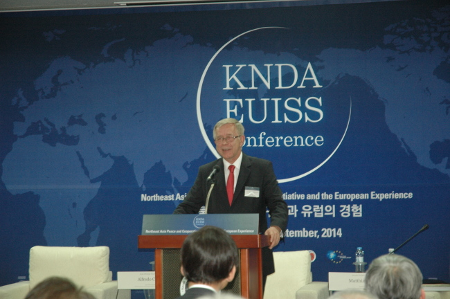 European Union Ambassador to South Korea Tomasz Kozlowski delivers opening remarks during a conference, titled “Northeast Asia Peace and Cooperation Initiative and the European Experience,” at the Korean National Diplomatic Academy in southern Seoul on Thursday. (EU Delegation)
