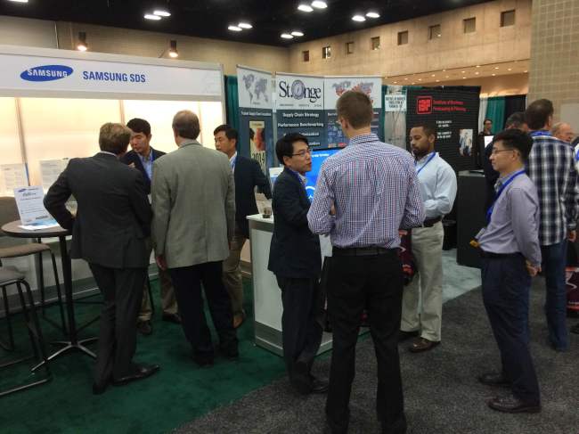 Samsung SDS officials introduce the Cello Plus at its exhibition booth during an industry conference in Texas on Monday.   Samsung SDS