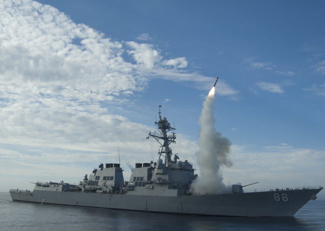 The U.S. guided-missile destroyer the USS Preble fires a Tomahawk missile in training.   EPA