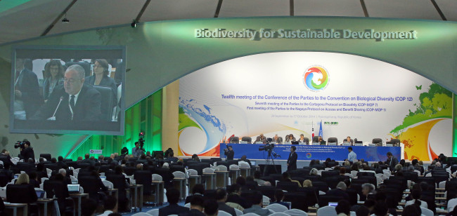 Environment-related officials from a variety of countries participate in the opening ceremony of the 12th meeting of the Convention on Biological Diversity in Pyeongchang, Gangwon Province, Monday. It runs through Oct. 17.   Yonhap