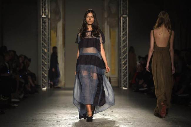 A model presents a creation of Chinese designer Uma Wang during the 2015 Spring-Summer Milan Fashion Week on Sept. 18 in Milan.   AFP